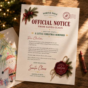 以下が含まれることがあります： 赤と緑の文字で「Official Notice From Santa Claus」と記されたクリーム色の文書。北極のスタンプ、松の小枝が付いた赤いワックスシール、上部には装飾用の小枝があしらわれています。手紙の宛先はシャーロットです。