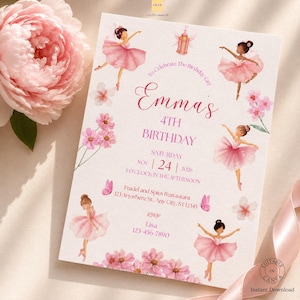 以下が含まれることがあります： ピンクのチュチュを着たバレリーナ、ピンクの花、蝶の水彩画が描かれた長方形の誕生日招待状。テキストには「To Celebrate The Birthday Girl Emma's 4TH BIRTHDAY SATURDAY NOV 24 2026 3 O'CLOCK IN THE AFTERNOON」と記載されています。
