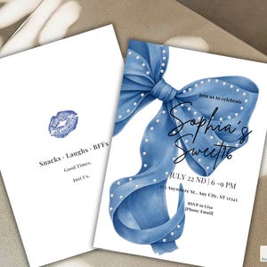 Invitación de cumpleaños de 16 años - Invitación para fiesta de cumpleaños de 16 años para chica - Tema Coquette Blue Bow - Cumpleaños elegante de 16 años - Plantilla editable de Canva