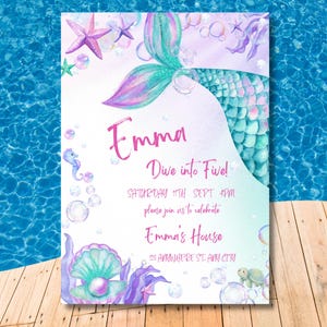 Dive into Five Mermaid Birthday Invitation Shellabration Party Invite Editable Canva Template 5th Birthday Digital Download Any Age