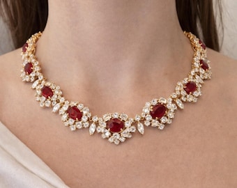 Collar de diamantes y rubíes birmanos con certificación GIA, oro amarillo de 18 quilates, joyería fina de gran calidad.