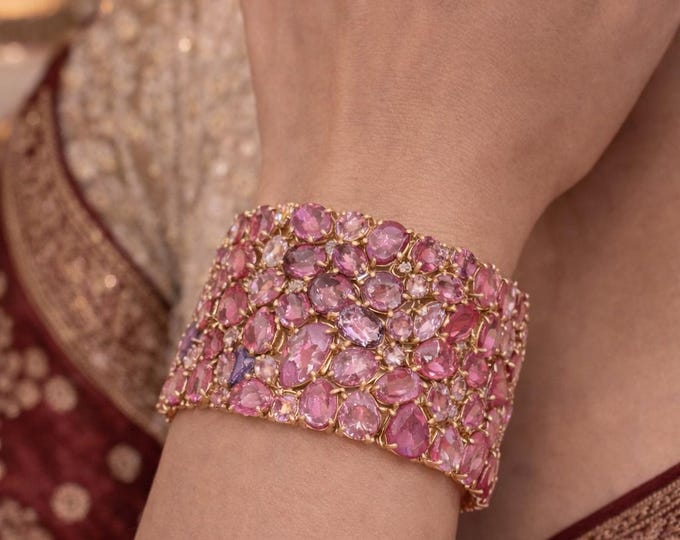 Estate 151 Carat Pink Sapphire Diamond Wide Bracelet 18K Gold Cuff