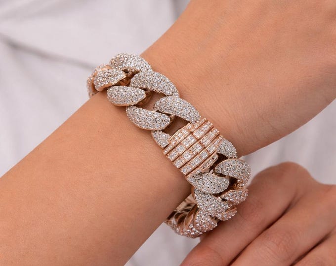 25MM 41CT Natural Diamond Cuban Link Bracelet, Solid 18K White Gold Miami Chain