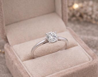Anillo solitario de oro de 18 quilates con diamante natural de 1,0 quilates, joya clásica de compromiso para novias.