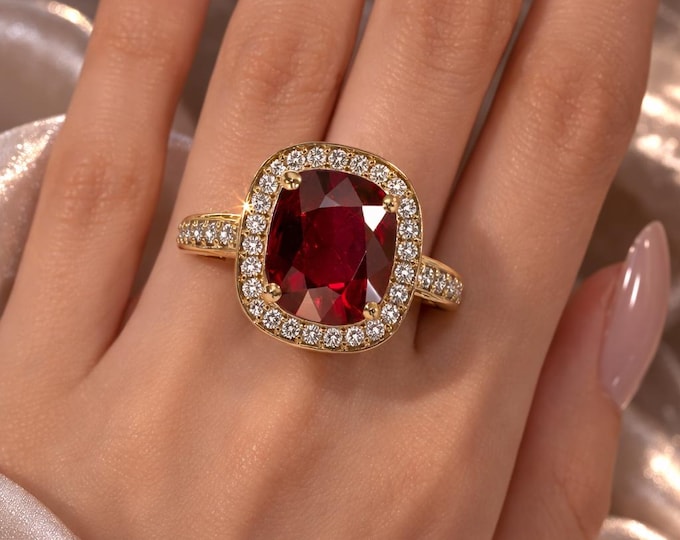 18K Yellow Gold Cushion Cut Ruby Diamond Halo Ring, 7.02CT Natural Thailand Ruby Jewelry