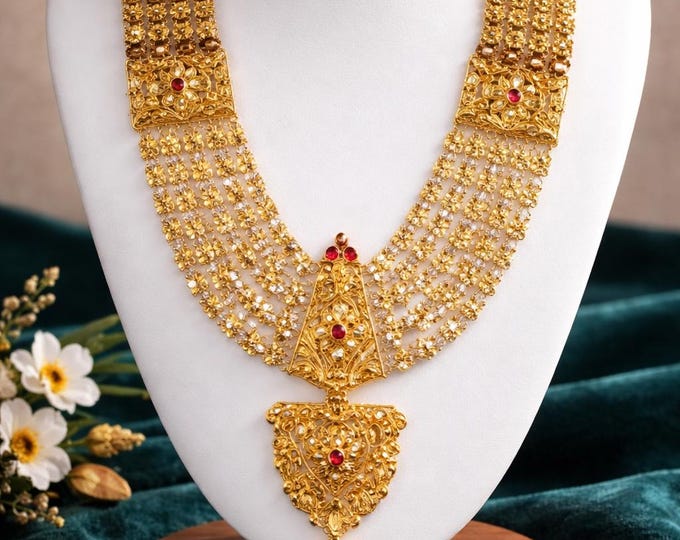 24K Gold Dubai Haar Necklace, Handmade Traditional Bridal Statement Jewelry
