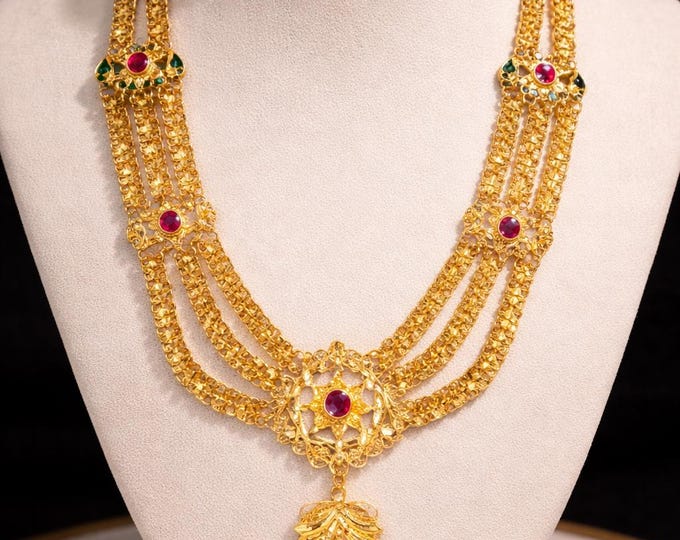 24K Gold Look Indian Traditional Necklace, Heavy Bridal Statement Jewelry