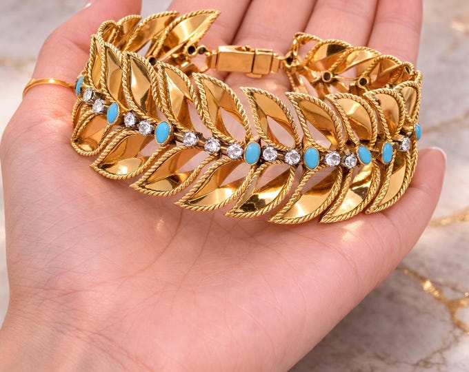 22K Solid Yellow Gold Leaf Link Bracelet, Diamond Turquoise Statement Jewelry