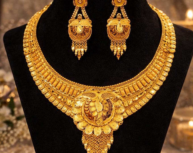 24K Solid Yellow Gold Indian Traditional Necklace, Hallmark, Handmade Bridal Choker
