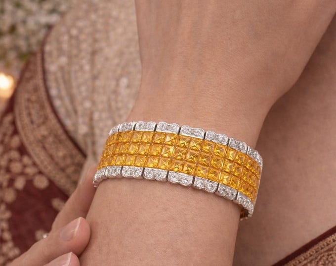 Estate Yellow Sapphire Diamond 18K White Gold Wide Bracelet, Bridal Statement Jewelry