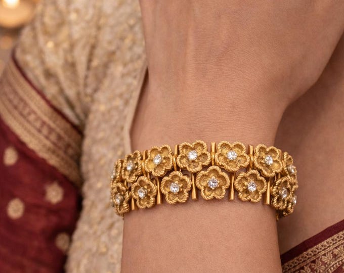 24K Yellow Gold Diamond Flower Link Bracelet, Handmade Bridal Statement Jewelry