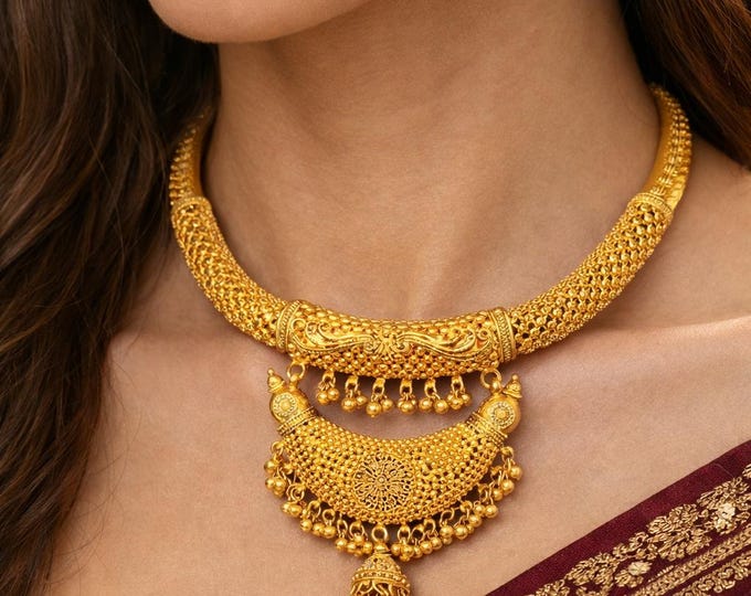 22K Yellow Gold Indian Bridal Choker Necklace, Traditional Wedding Statement Jewelry