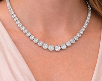 Collar de tenis con diamantes de 14,87 quilates con certificación GIA, estilo nupcial Riviera de oro de 18 quilates.