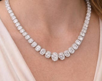Collar de tenis con diamantes ovalados graduados, platino de 85,1 quilates, 40,6 cm, joyería nupcial de alta calidad.