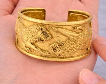 Brazalete de oro amarillo macizo de 24 quilates con doble león, 243 gramos, brazalete llamativo y pesado.