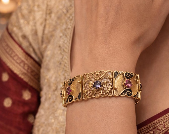 18K Gold Diamond Ruby Sapphire Art Deco Panel Bracelet, Estate Filigree Jewelry