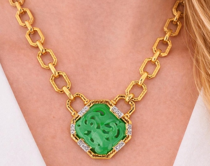 24K Solid Yellow Gold Carved Jade Link Chain Necklace, Natural Green Pendant Statement Jewelry