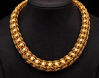 22K Solid Yellow Gold Lotus Chain Necklace, Handmade Designer Unisex Traditional Link