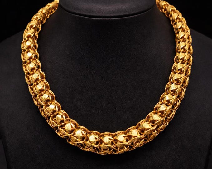 22K Solid Yellow Gold Lotus Chain Necklace, Handmade Designer Unisex Traditional Link