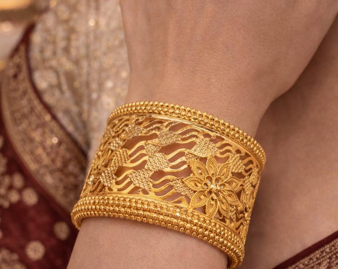 22K Yellow Gold Floral Bangle, Dubai Handmade Kada, Traditional Indian Bridal Jewelry