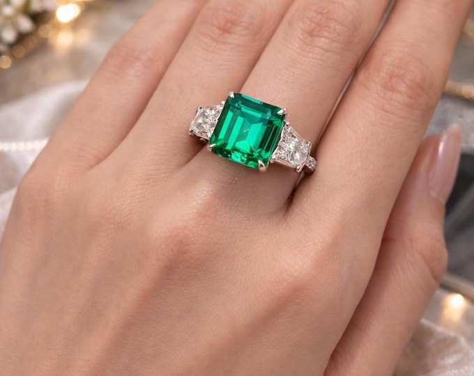 Vivid 3.97CT Muzo Colombian Emerald Engagement Ring, No Oil Certified Bridal Statement Jewelry