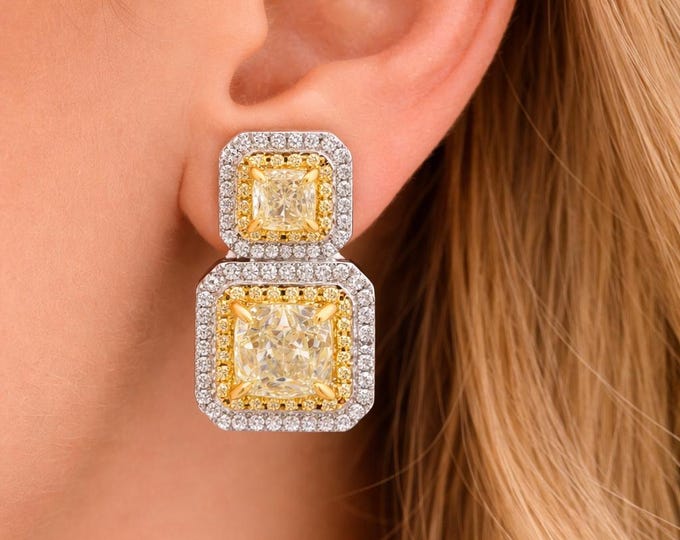 6.73CT White Fancy Yellow Diamond Earrings, 18K Two Tone Gold Double Halo Cushion Cut