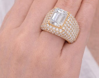 Anillo de eternidad para el meñique con diamantes de talla esmeralda, anillo llamativo con pavé de oro de 14 quilates