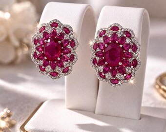 Pendientes florales con rubí y diamantes Estate, oro blanco de 18 quilates, estilo vintage