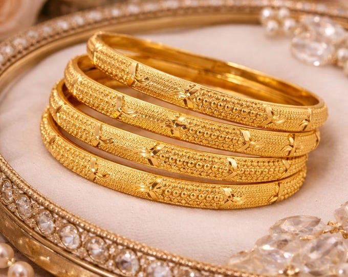 22K Gold Bangle Bracelet Set, Fancy Laser Design, Traditional Indian Bridal Jewelry