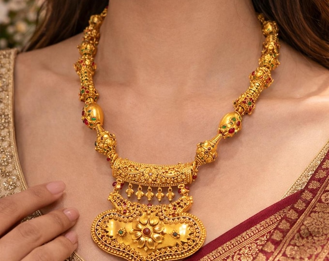1950s 22K Gold Diamond Ruby Emerald Sapphire Necklace, Indian Bridal Statement Jewelry