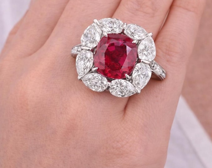 Platinum 3.03CT Flawless Burma Ruby Cushion Cut Halo Engagement Ring