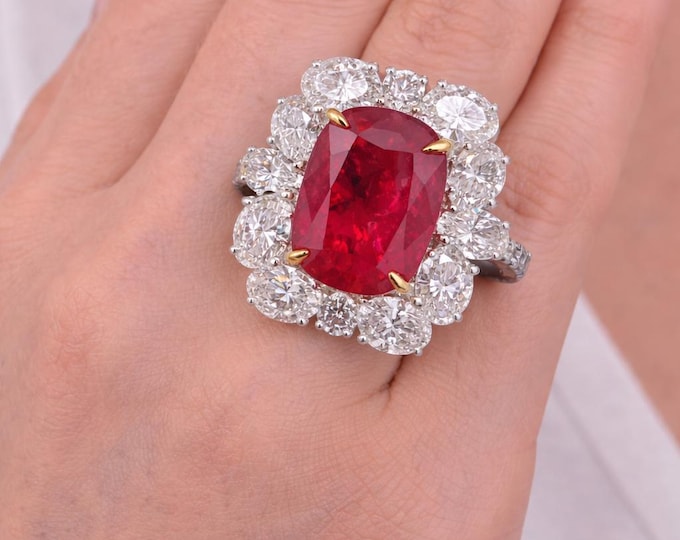 18K White Gold Cushion Cut Ruby Diamond Halo Ring, GIA Certified Burma Statement Piece