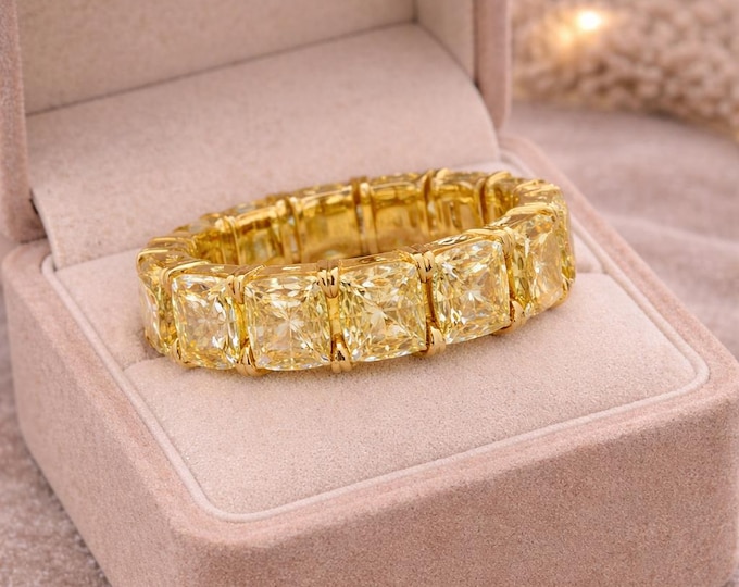 18K Yellow Gold 14.28CTTW Fancy Yellow Cushion Cut Diamond Eternity Ring