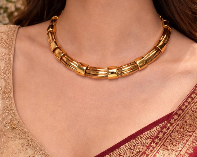 Italian 18K Yellow Gold Collar Necklace, 96g Solid Chain, Designer Statement Jewelry