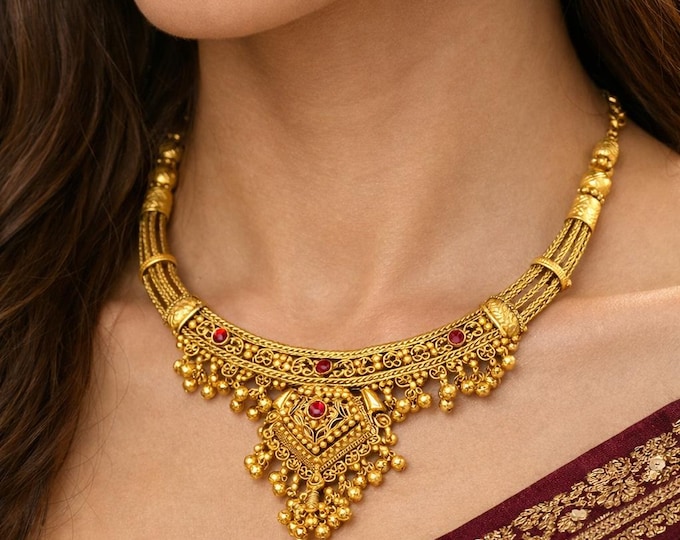 24K Gold Foxtail Ruby Collar Necklace, Traditional Indian Bridal Statement Choker