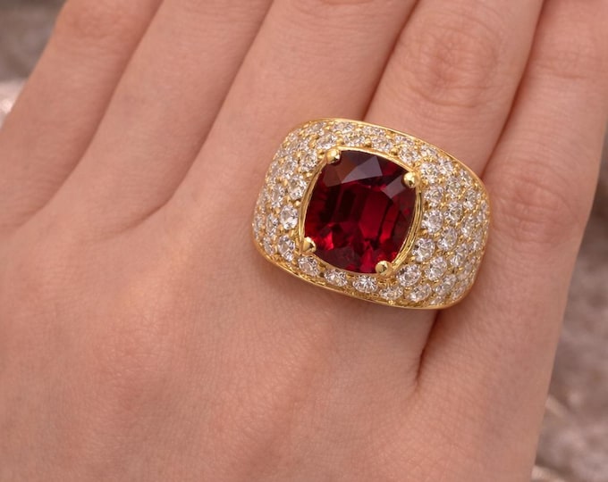 18K Yellow Gold Cushion Ruby Statement Ring, 3.60CT Thailand Natural Ruby Engagement Jewelry