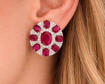 Pendientes de oro blanco de 18 quilates con halo de diamantes y rubíes, joyas de cóctel con piedras preciosas naturales.