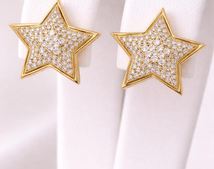 18K Yellow Gold Diamond Star Clip-On Earrings, Pavé Set Natural Diamonds