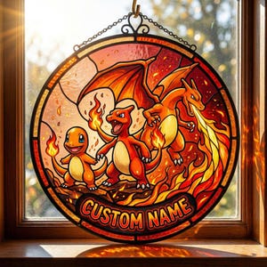 May include: Circular stained glass window featuring three orange and yellow cartoon characters with flames. The characters are set against a fiery background. The words "CUSTOM NAME" are at the bottom of the window.