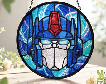 Optimus Prime Transformer Suncatcher, Optimus Prime Transformer Glass Art, Transformers Inspired Stained Glass Suncatcher, Robot Movie Decor