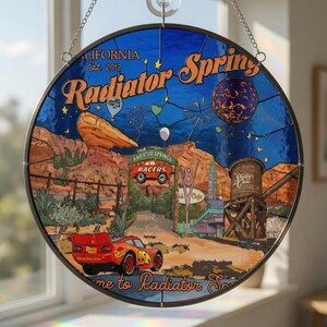 Disneyland Radiator Springs Stained Glass Suncatcher, Lightning McQueen Radiator Springs Racers Window Hanging, Disneyland Cars Suncatcher image 1