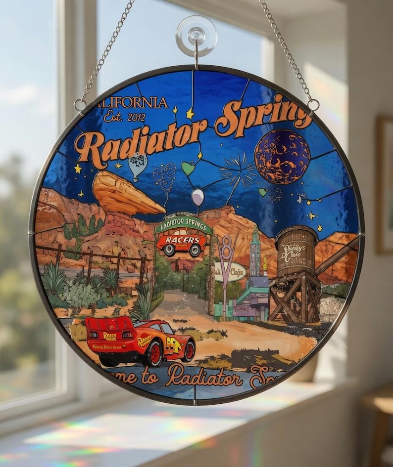 Disneyland Radiator Springs Stained Glass Suncatcher, Lightning McQueen Radiator Springs Racers Window Hanging, Disneyland Cars Suncatcher image 1