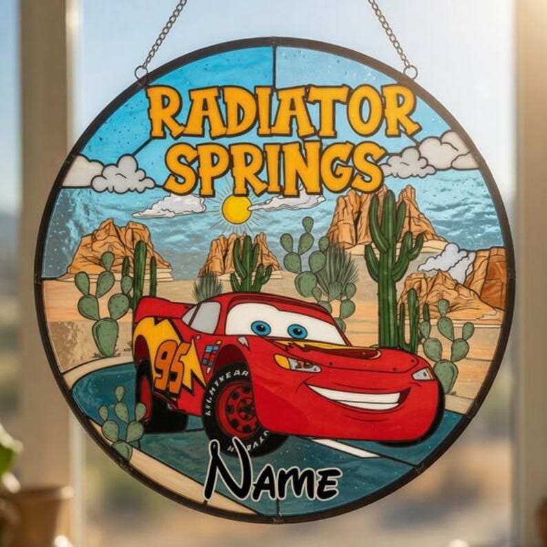 Custom Name Radiator Spring Lightning McQueen Cars Suncatcher, Disneyland Stained Glass Suncatcher, Cars Window Hanging, Cars Birthday Gift image 1