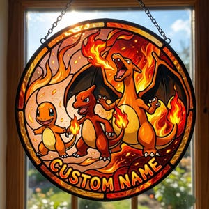 May include: A round stained glass window featuring three orange and yellow cartoon characters with flames. The characters are set against a fiery background. The words "CUSTOM NAME" are at the bottom of the window.
