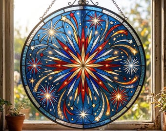 Patriotic Stained Glass Suncatcher, USA 250th Anniversary Suncatcher, 1776-2026 Patriotic Semiquincentennial WIndow Hanger, USA 250th Decor