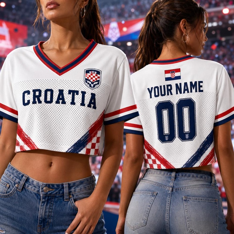 Custom Croatia Soccer Crop Top Jersey, Personalized Croatia Soccer Jersey Crop Tee, Support Football Team, Game Day Outfit immagine 1