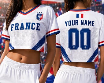 Personalized France Soccer Crop Top Jersey, Custom France Soccer Jersey Crop Tee, Women's Game Day Outfit