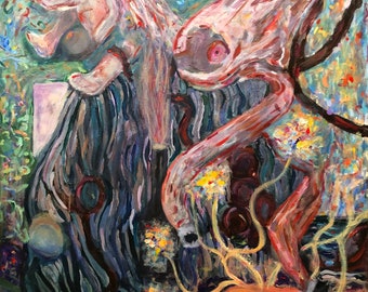 May include: Abstract painting with a vibrant color palette. The painting features a variety of shapes and textures, including swirling lines, organic forms, and a central figure with a pink eye. The background is a mix of blues, greens, and yellows.