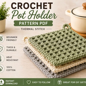 Crochet Pot Holder Pattern, Thermal Stitch Hot Pad, Beginner Friendly Crochet Pattern, Heat Resistant Kitchen Crochet PDF Download