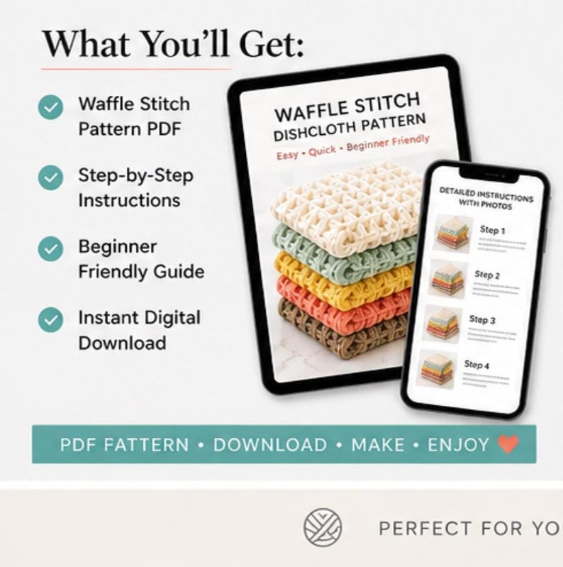Informational graphic displaying features of a waffle stitch dishcloth crochet pattern, including a tablet and phone screen showing step-by-step instructions.